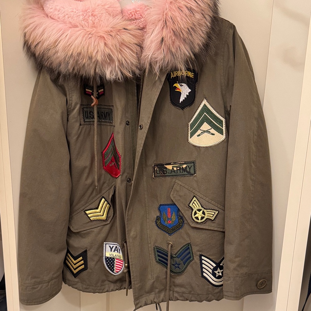 Alberto Makali Military Style Parka with Patches and Pink Fur